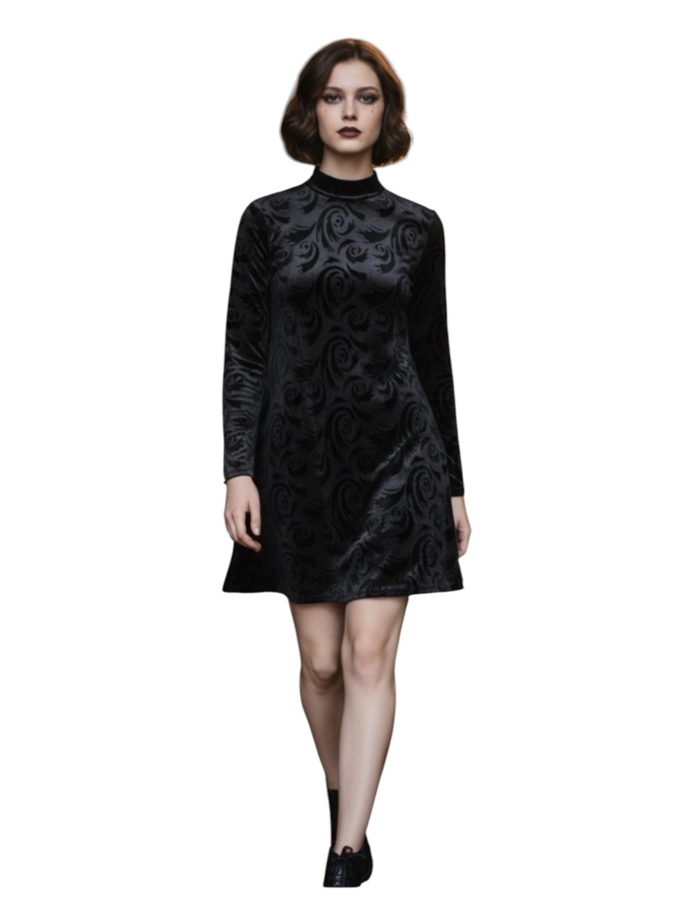 Vintage 90s Jalate Velvet Burnout Mock Neck Mini Dress M Black Swirl Whimsigoth